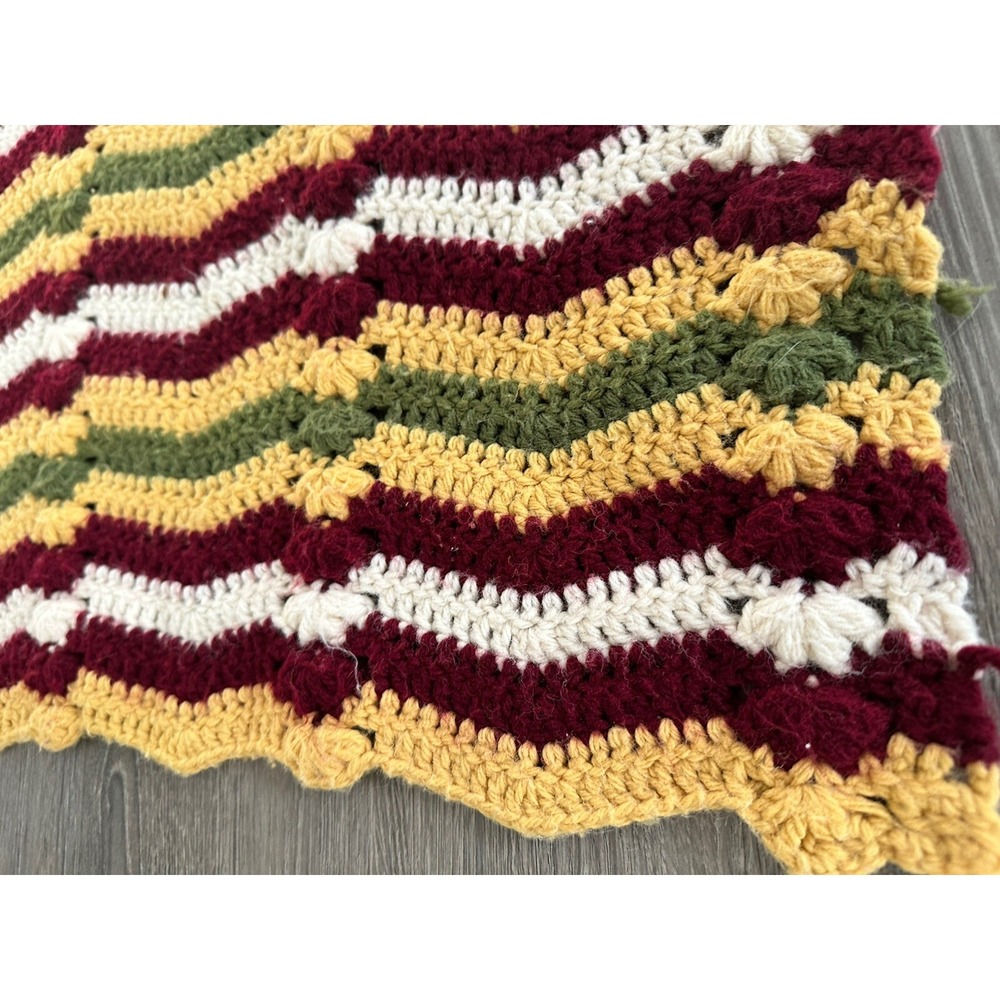 Vtg Handmade Knit Afghan Blanket Throw Cozy Cottage Green Yellow Red Granny Boho